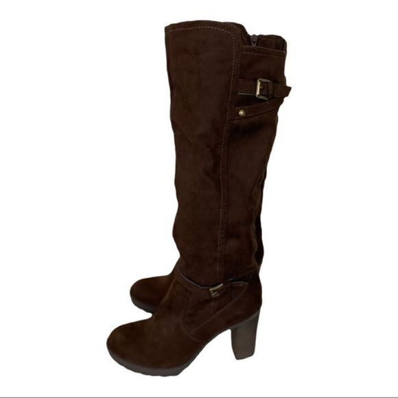 #300 G by GUESS brown vegan suede heeled boots - Picture 1 of 10